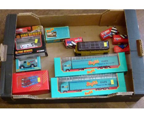 Two Corgi Mornflake Oats lorries, two similar vans, Corgi Guy Arab bus (un-boxed, Corgi 'Fire Heroes', four small Corgi vehic