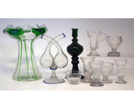 Stuart and Sons green trailed glass vase, Victorian oil / vinegar double neck decanter, green lace makers lamp, and six Georg