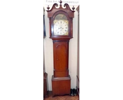 Oak cased 8-day long case clock with enamel dial complete with winder, key, pendulum and two weights. Condition report: see t