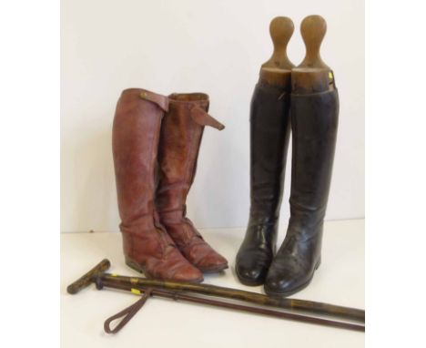 Pair of hunting boots, pair of polo boots, whip and stick Condition report: see terms and conditions
