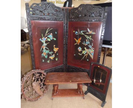 Hardwood coffee table, two elephants forming base, hardwood circular wall hanging depicting birds, 2 division oriental screen