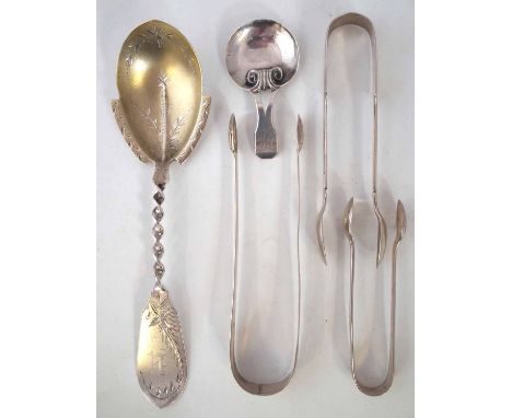 Scandinavian design silver spoon marked 'Sterling' together with three pairs of silver sugar tong and a caddy spoon. total 4o