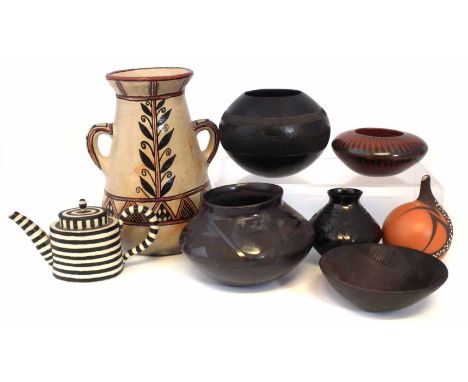 Six vases a teapot and a bowl, signed Zuni Peynetsa, S. Savtchenko, Mague Rios, Cris Camache, Julio Ledezma, Sabiha, the bowl