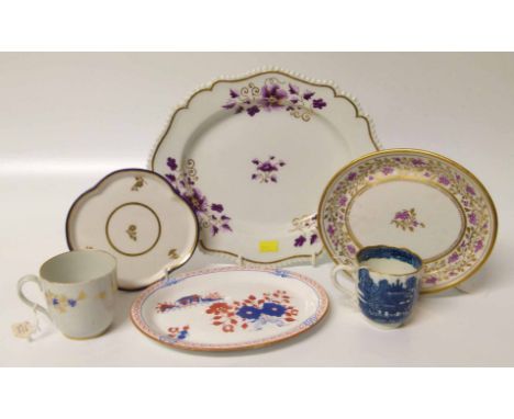 Caughley coffee cup, Newhall coffee cup, two teapot stands, Derby teapot stand, flight barr and barr dish. Condition report: 