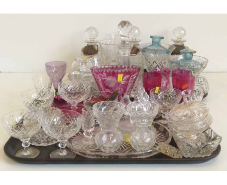 3 cut glass decanters, decanter labels, qty mixed coloured glass and misc glassware Condition report: see terms and condition