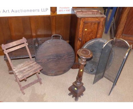 Victorian walnut pot cupboard, carved oak door (converted to small table), barrell end and firescreen etc Condition report: s