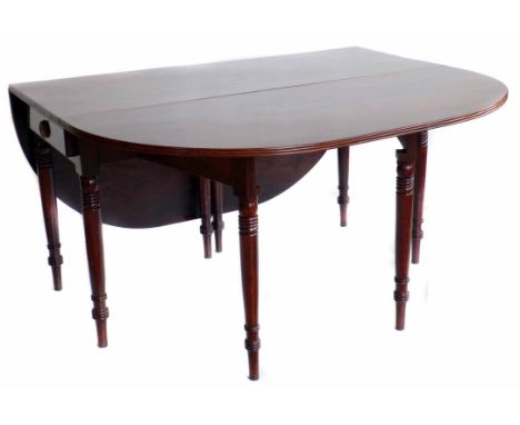 George III mahogany drop-leaf table, oval top with three reed edge, single frieze drawer, all standing on turned legs, with d