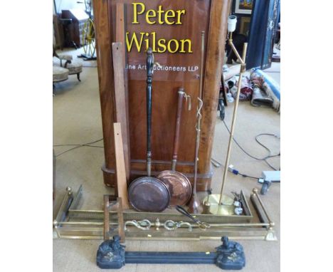 2 brass fire kerbs, 2 copper warming pans, quantity of set squares, brass standard lamp etc Condition report: see terms and c