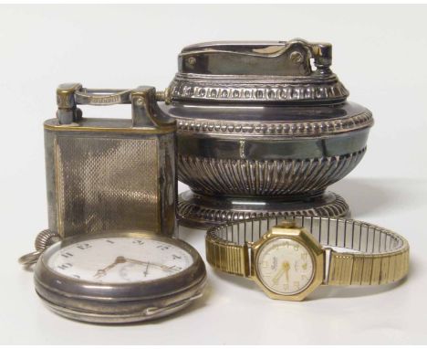 Silver Dennison pocket watch, Ronson table lighter, Dunhill pocket lighter, precision 9ct ladies watch Condition report: see 