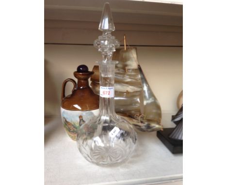 GLASS DECANTER, POTTERY JUG AND HORN SHIP      D4