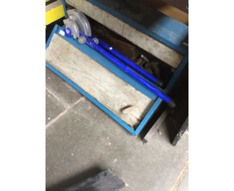 A WOODEN TOOL CHEST AND TOOLS INC A PIPE BENDER