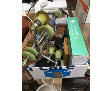 A MIXED BOX WITH LIGHT FITTING, OLD RAZORS, CLOCK ETC