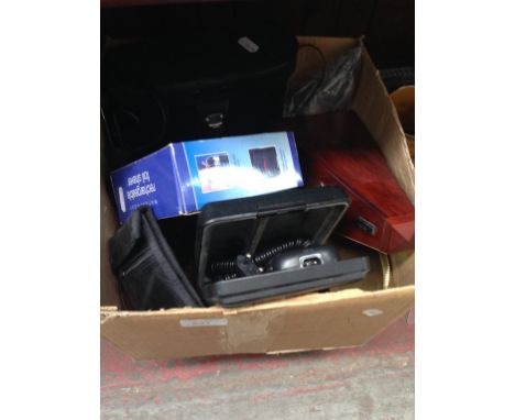 BOX WITH BINOCULARS, CLOCK, METRONOME ETC.
