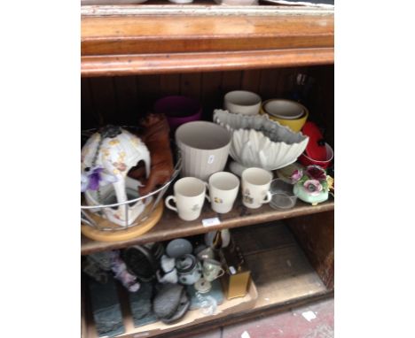 SHELF OF POTTERY ETC.