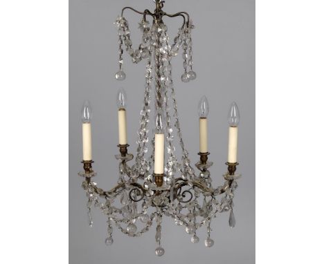 
	
		A French glass pendant chandelier, early 20th century, with part gilded brass frame supporting 5 lights, with trailing g
