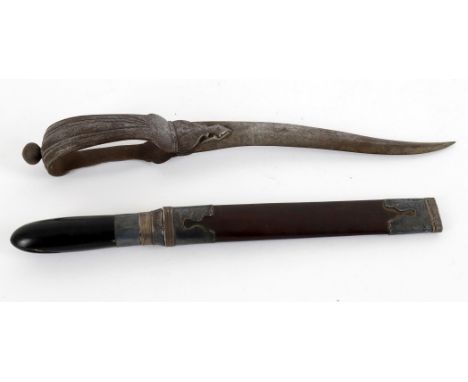 
	
		Militaria- 19th century Indian foot dagger, 30cm long;  a Burmese knife with silver-mounts, unmarked, hardwood scabbard 