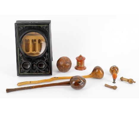 
	
		Treen and ephemera including a French ebonised table top stereoscope viewer, inscribed "souvenir de l'exposition paris 1