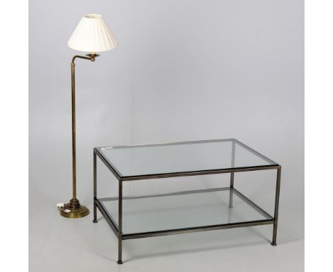 
	
		A patinated metal and glass two-tier coffee table, 90cm wide, 46cm high, 60cm deep; and a modern brass small reading sta