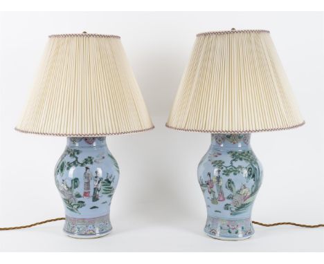 
	
		Lighting to include- a pair of Chinese porcelain twin light table lamps, with telescopic frame holding shades, bases 32.