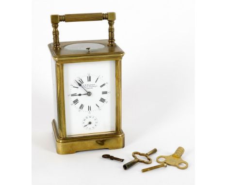 
	
		A French brass cased carriage clock, retailed by J W Benson 28 Royal Exchange London, with platform lever escapement, pu