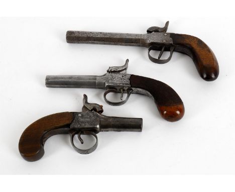 
	
		Militaria- three various English percussion pocket pistols, octagonal barrel model marked ELG, 21.5cm long; Jackson Lond