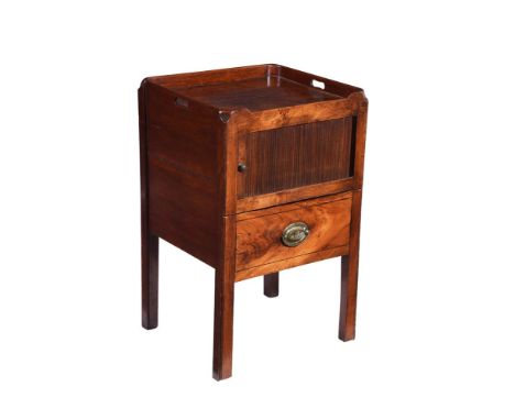 
	
		A George III mahogany bedside night commode, circa 1780, the tray top incorporating carrying handles, the tambour front 