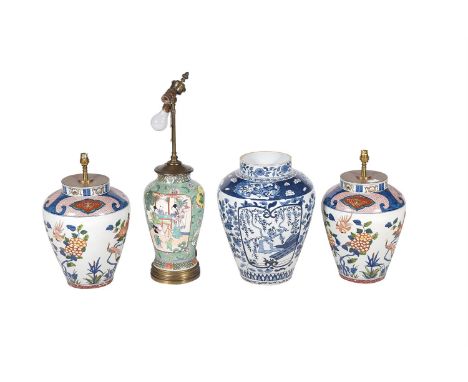 
	
		A pair of modern Chinese porcelain lamp bases, 18th century style floral decoration, vases 38cm high; a modern blue and 