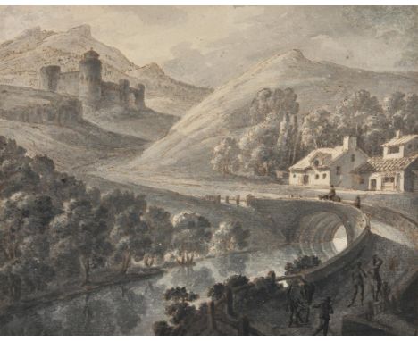 
	
		Attributed to Robert Adam (British 1728-1792)
		Figures on a bridge, a castle beyond
		Pen, ink and monochrome wash
		In