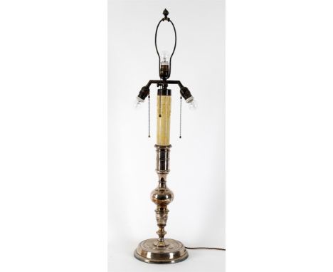 
	
		A large three light silver plated table lamp, telescopic upper section above turned stem, marked 'Simon', approximately 