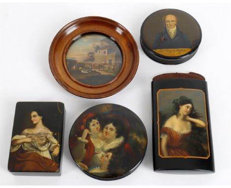 
	
		Papier mâché  to include Earl Grey: a circular snuff box, circa 1831, the cover printed with a head and shoulders portra