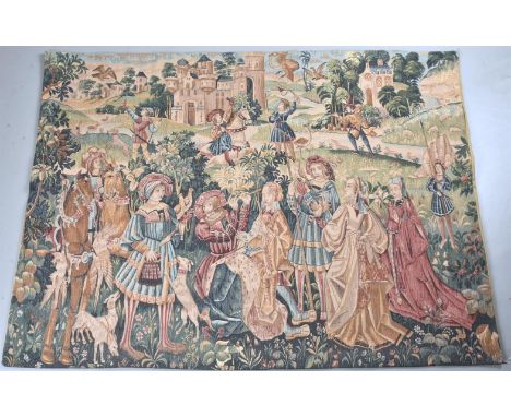 
	
		A tapestry depicting a court scene, French late 20th century, retailers label for JP Paris, 177 by 136cm
		
		Condition 