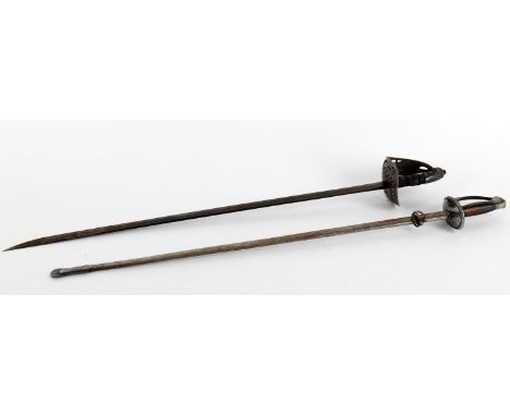 
	
		Militaria- a British pipe back officer's sword, apparently unmarked, 95cm long; and a Continental infantryman's sword, w
