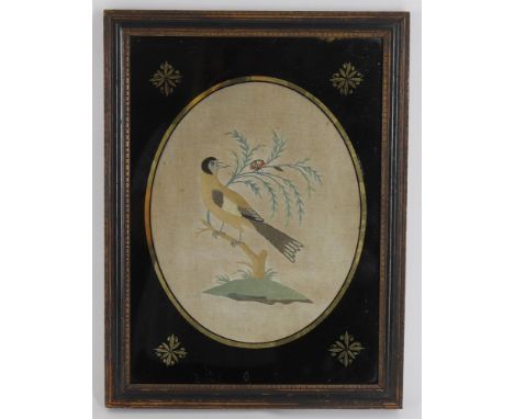 
	
		A George III silk needlework picture of a yellow breasted bird, depicted eyeing up a butterfly, verre eglomise slip, ebo