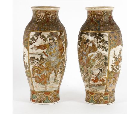 
	
		A pair of Satsuma vases, circa 1900-1920, painted with panels of figures, 24cm high and another Satsuma vase, 20.5cm hig