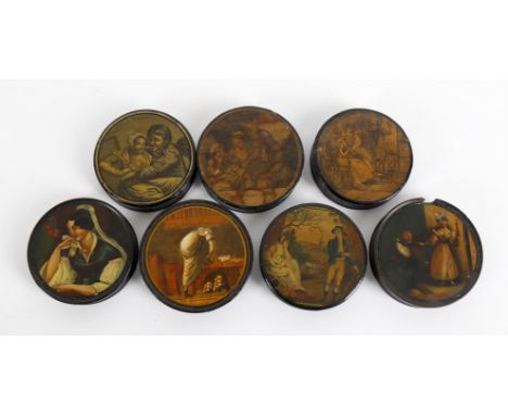 
	
		Seven 19th century papier-mâché circular snuff boxes with transfer print decorated tops, predominately French, largest 9