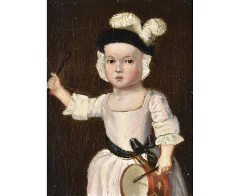 
	
		English Provincial School (18th century)
		A young child with a drum 
		Oil on canvas laid down on panel
		23 x 17cm (9 