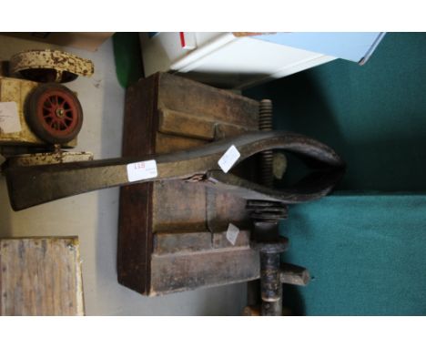Box of leather work tools and vintage kwce clamp