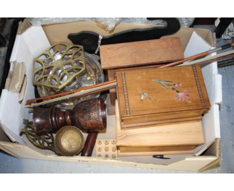 Box of wooden items including violin bow