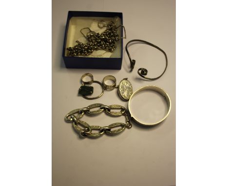 Box of white metal and silver jewellery including bangle