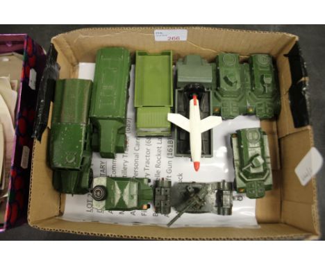 Quantity of Dinky military: Armoured Command Vehicle (677), Medium Artillery Tractor (689), 3 Armoured Personal Carriers (676