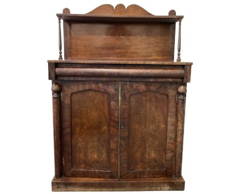 19th century mahogany chiffonier, the raised back over two panelled doors, opening to reveal one shelf and one drawer, raised