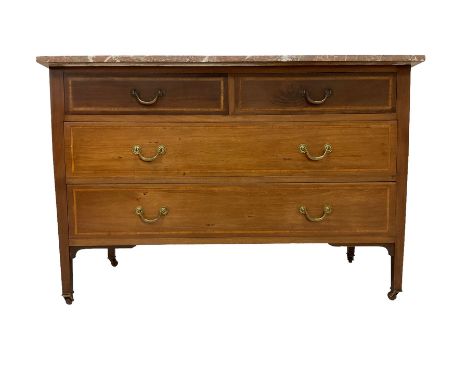 Edwardian inlaid mahogany washstand, rectangular marble top over two short and two long drawers with banded inlay, raised on 