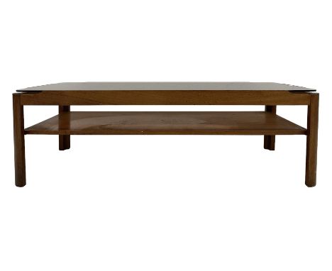 Myer - Mid century teak coffee table, the smoked glass top over shelf, raised on rounded supports Dimensions: Height:&nbsp;36