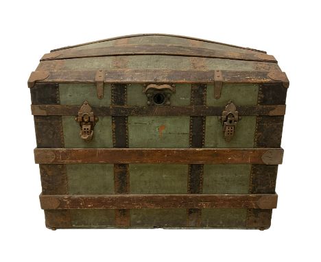Late 19th century wood and metal bound dome-top trunkDimensions: Height:&nbsp;68cm&nbsp; Length/Width:&nbsp;82cm&nbsp; Depth/