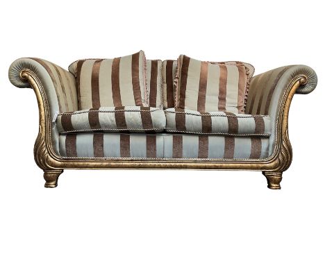 Gascoigne - 'Victoria' two seat sofa, carved and gilt finished wood frame with scrolled arms, the lower upright with carved f