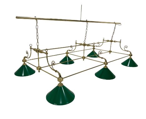 Brass snooker or billiards table suspended ceiling light fitting, rectangular tubular frame fitted with six green finish meta