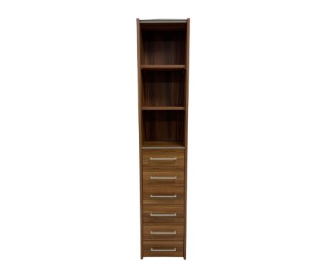 Contemporary walnut office narrow shelf fitted with drawersDimensions: Height:&nbsp;217cm&nbsp; Length/Width:&nbsp;44cm&nbsp;