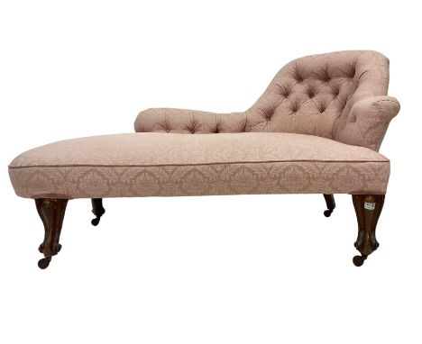 Mid-to late 19th century walnut framed chaise longue, upholstered in button-back pale pink patterned fabric with sprung seat,