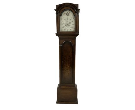 English -  late 18th-century oak cased 8-day longcase clock, with a broken-arch pediment and glazed hood door with attached p