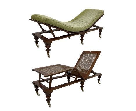 19th century mahogany and cane work campaign bed, with green squab cushion, adjustable seat, back and leg rest, on turned fee